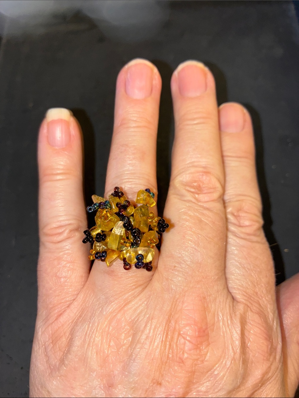 Handmade Yellow Amber Cluster Stretch Ring